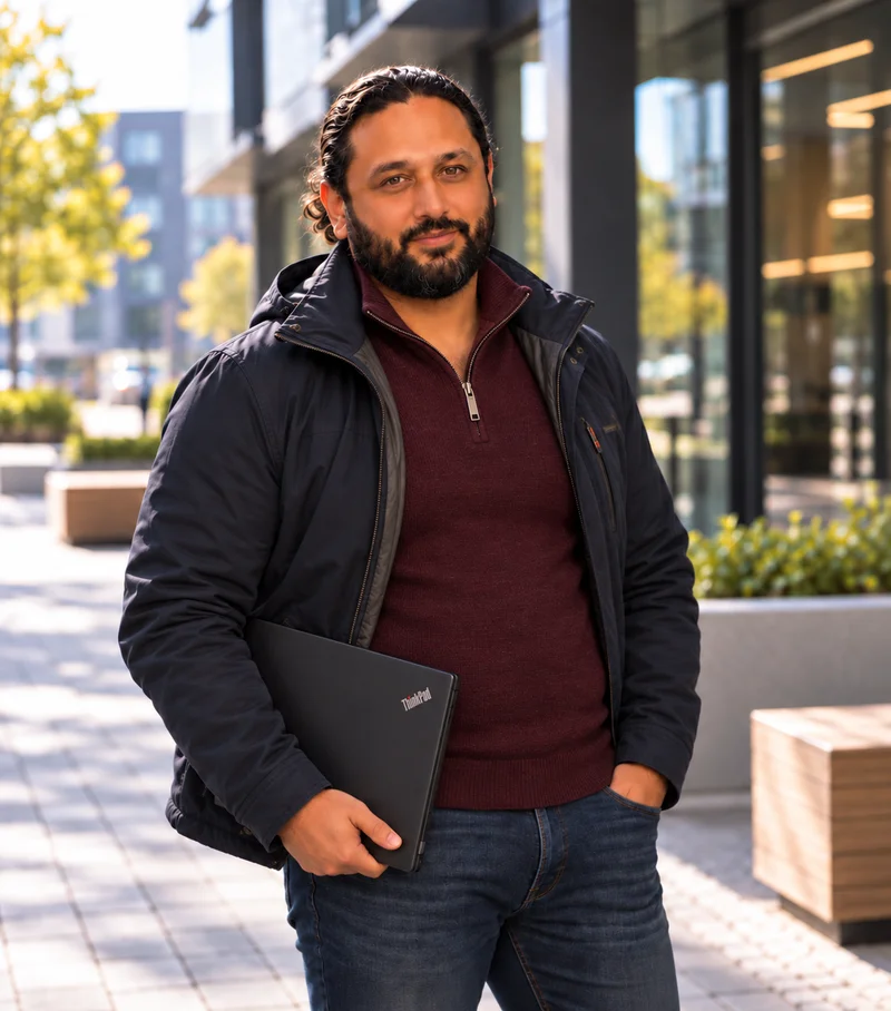 Amarjit outdoors holding his laptop