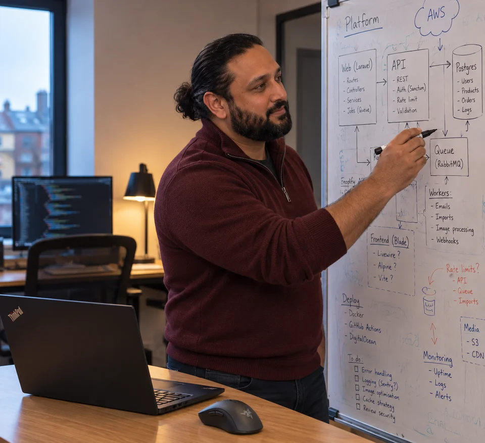 Amarjit planning a system at a whiteboard